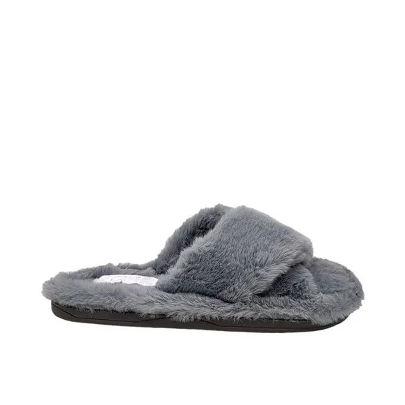 Ladies Shoes Grosby Invisible Crossover Grey Furry Slip on - Picture 3 of 6